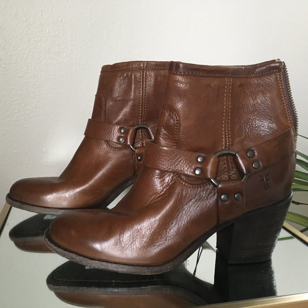 Frye Cognac Ankle Boot With Harness And Back Zip